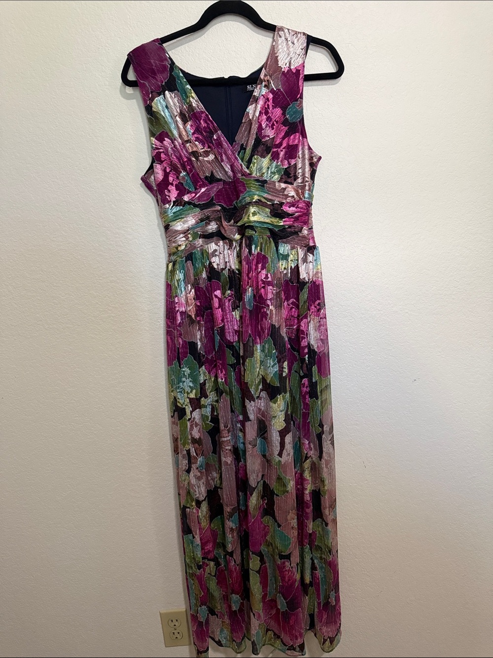 SLNY Floral V-Neck Maxi Dress in Magenta, Green and Black